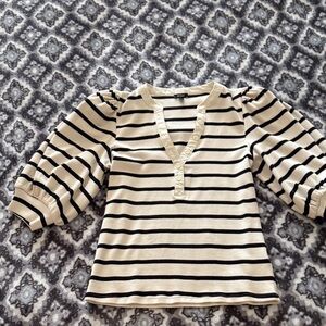 Express Cream and Black Striped Puff Sleeve Henley Top